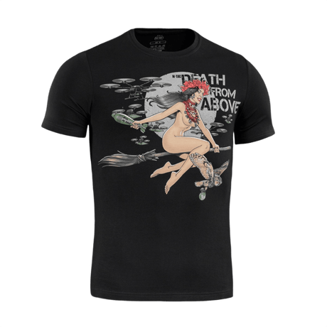 M-Tac T-Shirt Death From Above i sort med heksemotiv, droner og ugle, lavet af bomuld og elastan for komfort og stil.