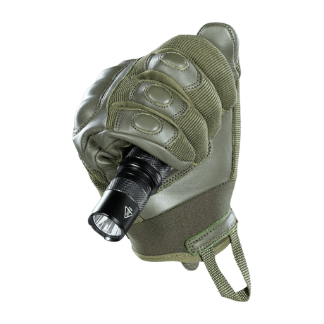 M-Tac Handsker Assault Tactical Mk.4 med læderforstærkning og justerbar velcro, perfekt til våbenhåndteringsopgaver, grøn farve.