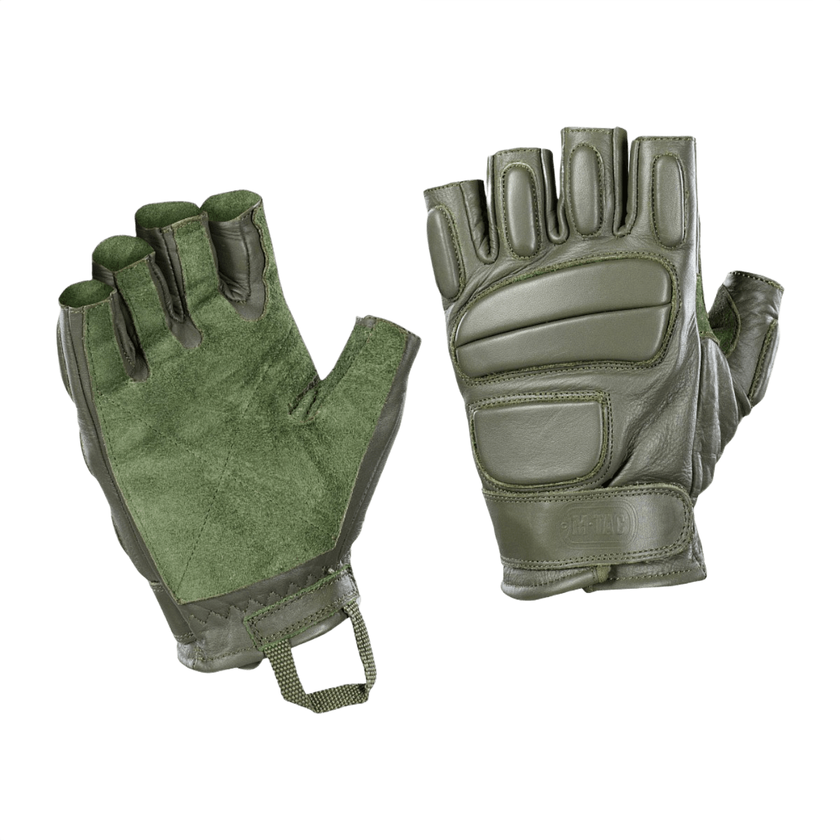M-Tac Fingerløse Handsker Assault Tactical Mk.1 med forstærket håndflade og dæmpende kno pads til taktisk brug i grøn.