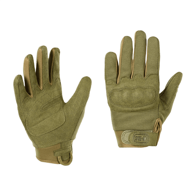 M-Tac Handsker Assault Tactical Mk.5 med integreret knogebeskyttelse og syntetisk læder, velegnet til skydning og taktisk brug.