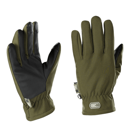 M-Tac Handsker Soft Shell Thinsulate i olivengrøn med forstærket håndflade og touchscreen-funktion til udendørs aktiviteter.