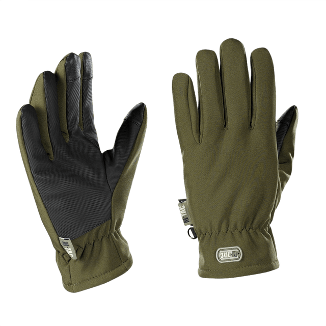 M-Tac Handsker Soft Shell Thinsulate i olivengrøn med forstærket håndflade og touchscreen-funktion til udendørs aktiviteter.