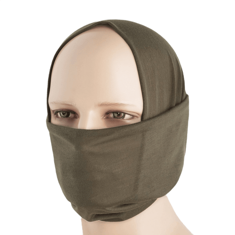 M-Tac Let Tubehalstørklæde anvendt som balaklava, lavet af let polyester, ideel til airsoft og udendørs aktiviteter.