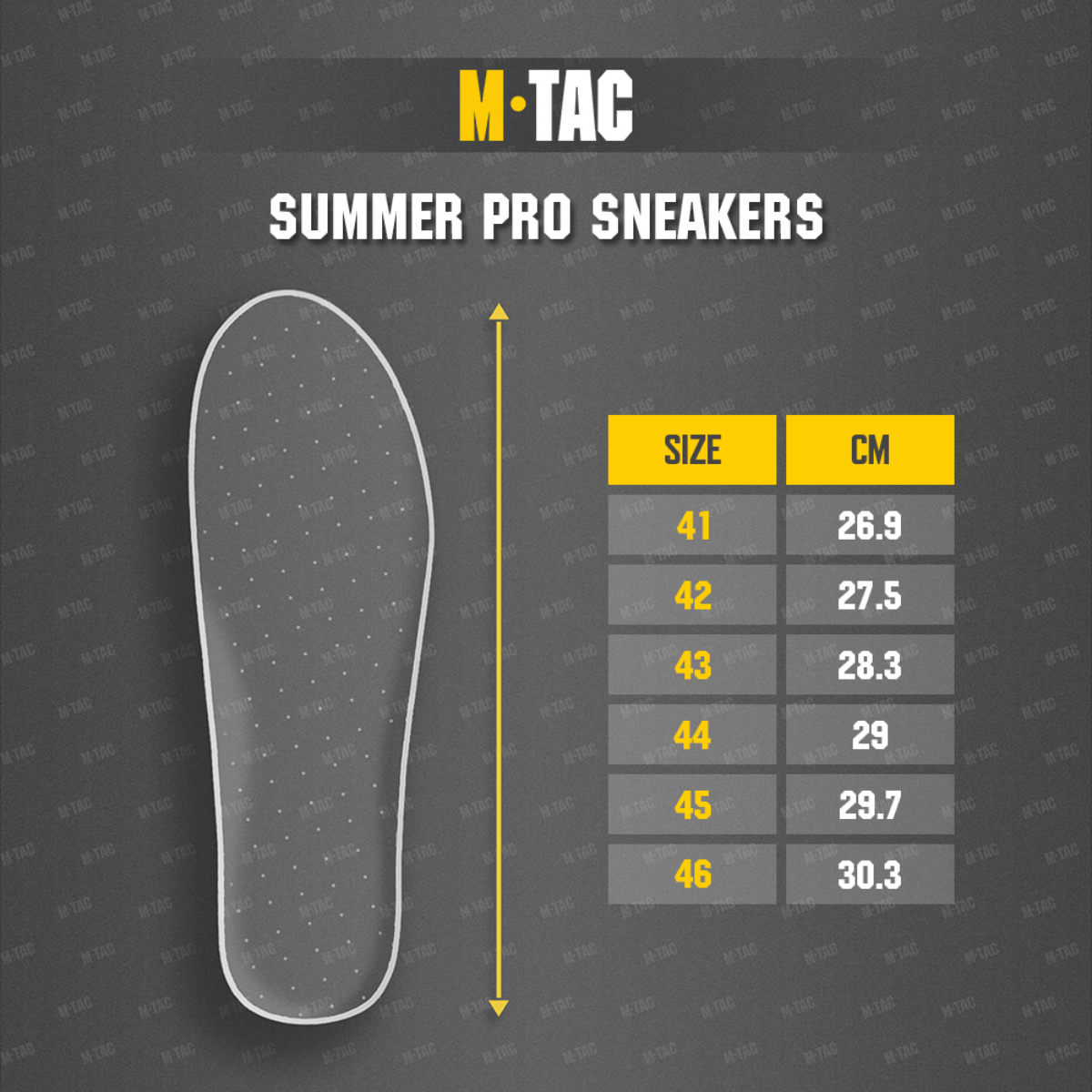 Størrelsesguide for M-Tac Summer Pro Sneakers med sål og europæiske størrelser 41-46.