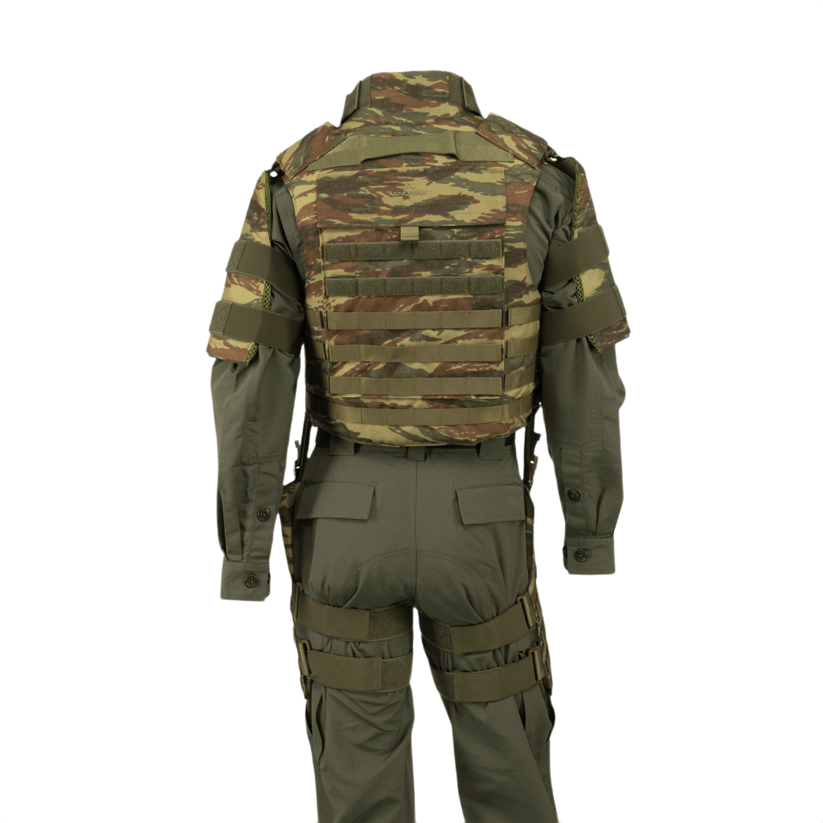 Anorak Chromium® Tactical II – fuldt sæt, body armor vest med maksimal IIIA-beskyttelse, set bagfra i camouflage design.