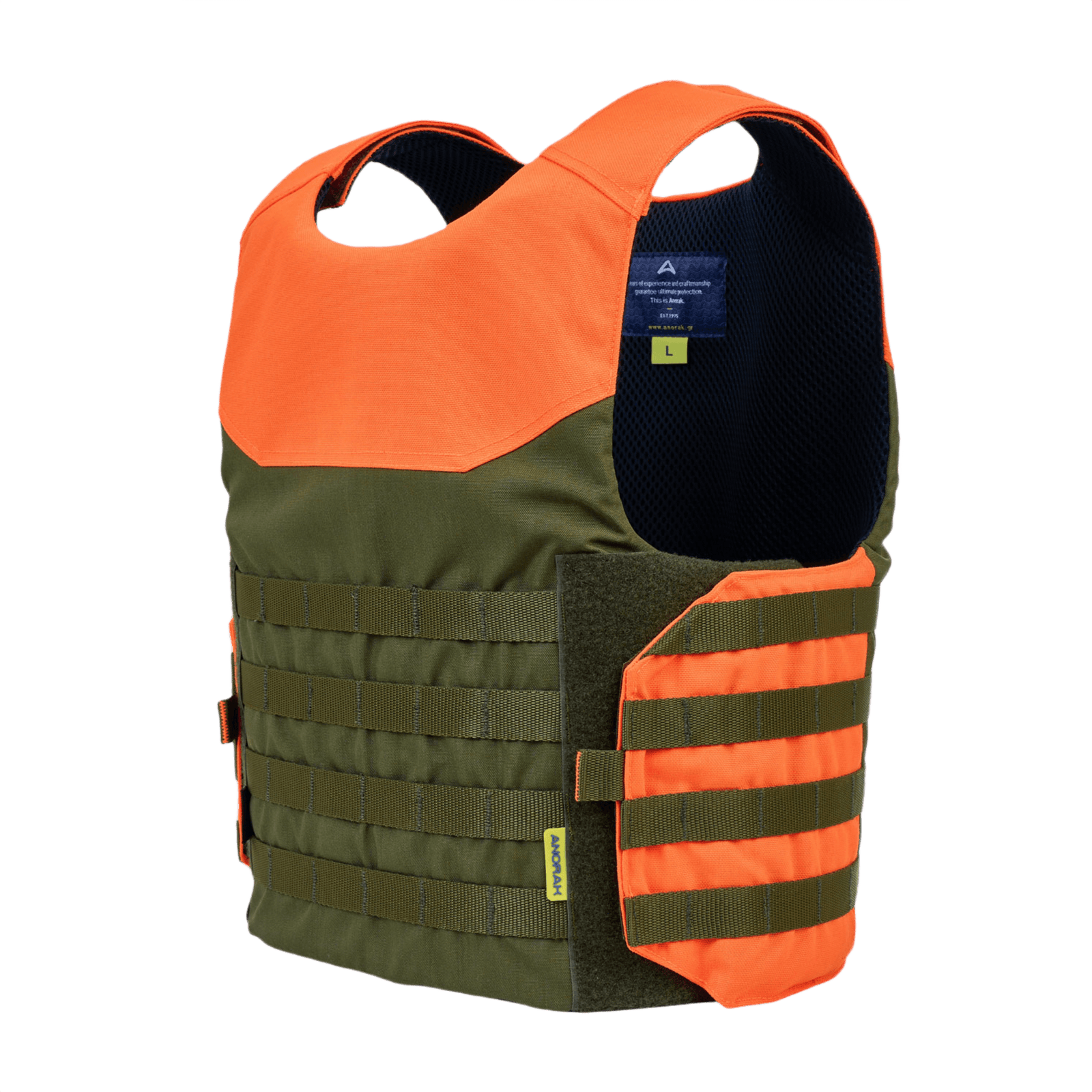 Anorak Titanium® Shield I Stik & Skudsikker Vest i orange og olivengrøn, designet til maksimal beskyttelse og komfort.