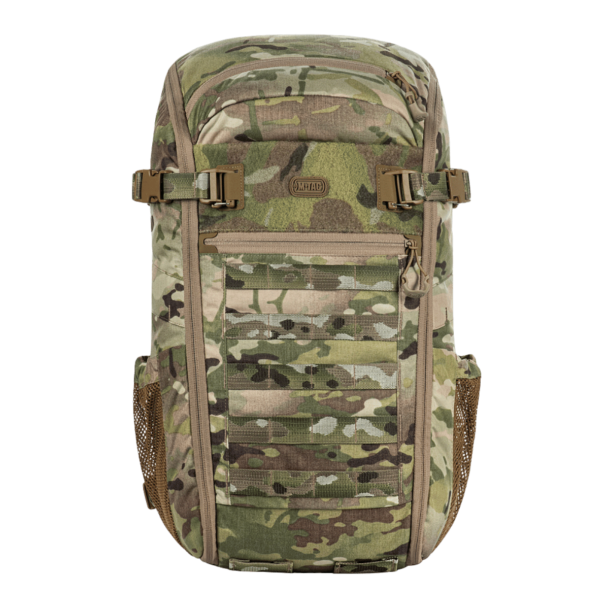 M-Tac Rygsæk Gen. II Elite – Small med MOLLE-paneler og kompressionsremholder i camouflage-design, set forfra.