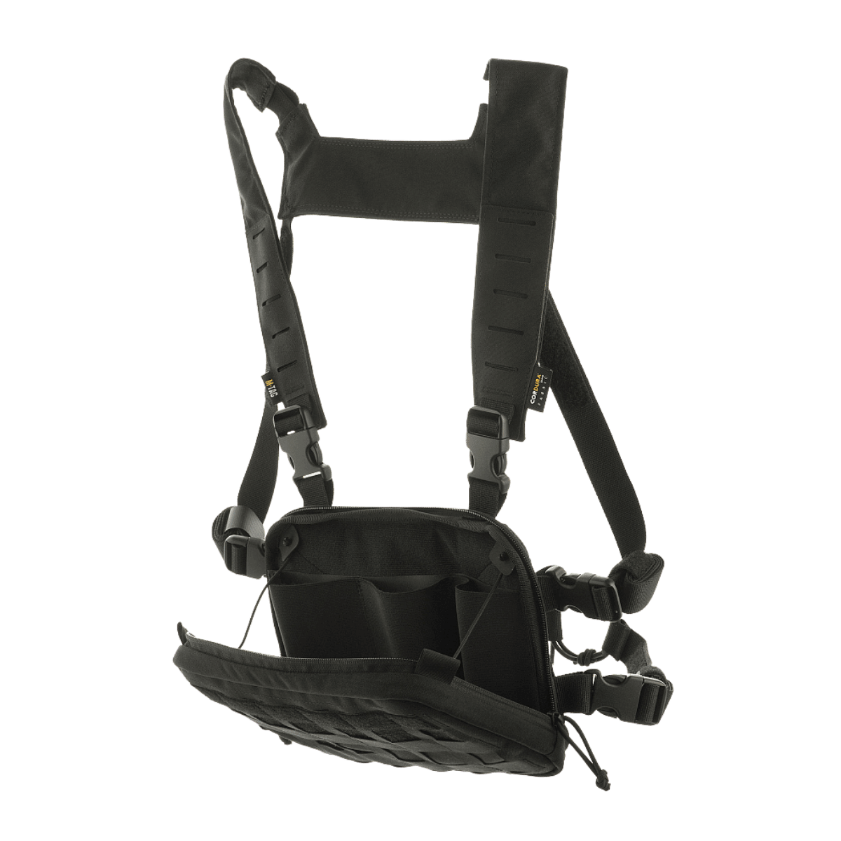 M-Tac Chest Rig Elite i sort med MOLLE Laser Cut panel, H-sele og Velcro, perfekt til EDC og taktiske anvendelser, materiale Cordura 500.