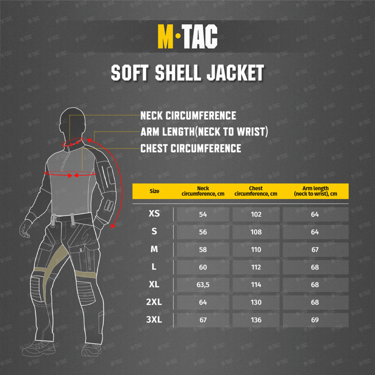 Størrelsesguide til M-Tac Soft Shell Jakke med dimensioner for hals, bryst og arm.