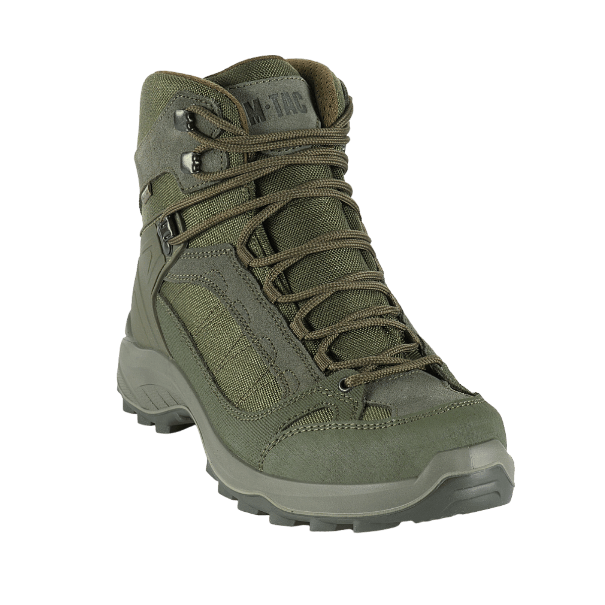 M-Tac Taktiske Sæsonstøvler i grøn med ruskind og Cordura stof, ideelt til taktiske opgaver og trekking i udfordrende terræn.