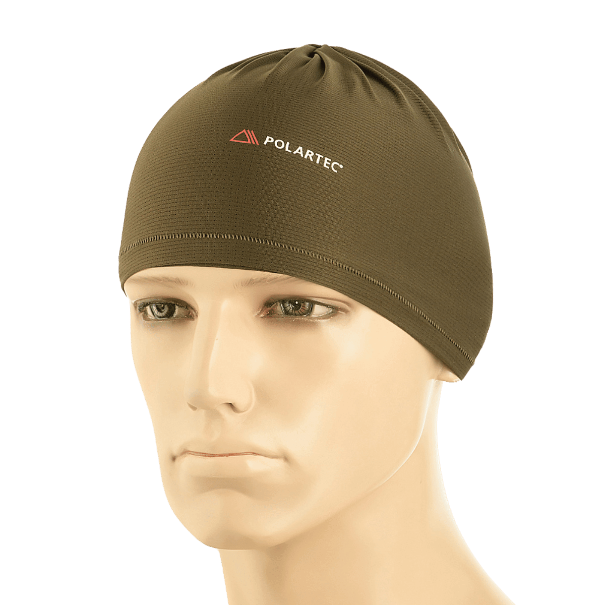 Polartec branded beanie cap displayed on a mannequin head in olive color.