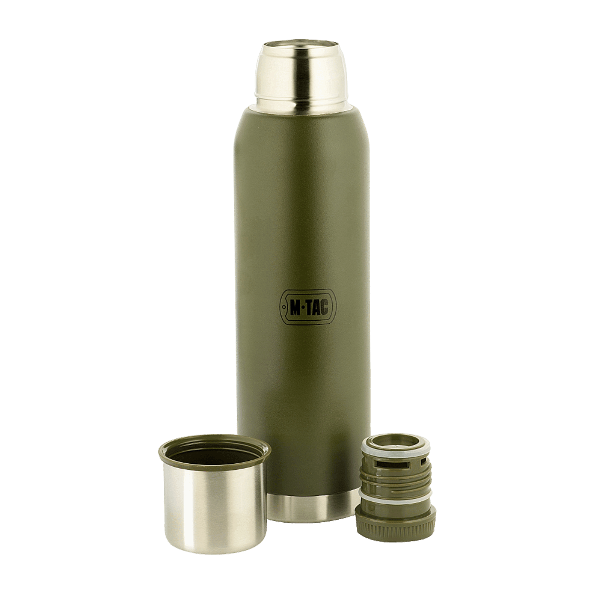 M-Tac Termoflaske Type 2 - 1.3L i rustfrit stål med skruelåg og vakuumforseglet design til camping og udendørs brug.