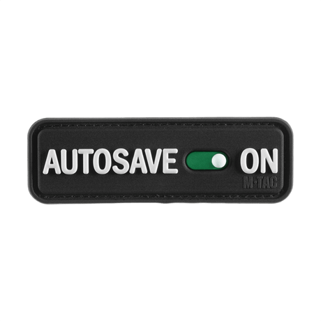 M-Tac Patch Autosave PVC med 3D-design og velcro bagside, sort rektangel med 'Autosave On' tekst, velegnet til taktisk udstyr.