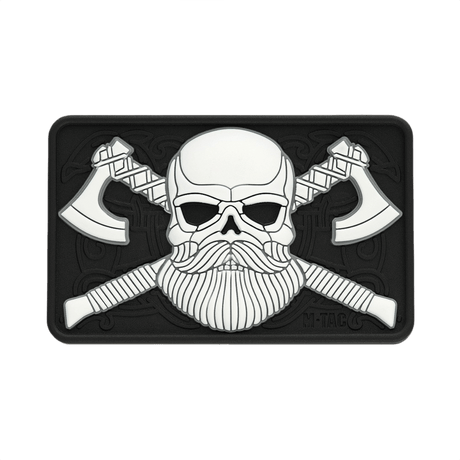 M-Tac Bearded Skull 3D PVC Patch med to økser og skægget kranium i sort og hvidt design, fastgøres med velcro.