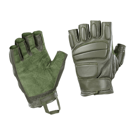 M-Tac Fingerløse Handsker Assault Tactical Mk.1 med forstærket håndflade og dæmpende kno pads til taktisk brug i grøn.