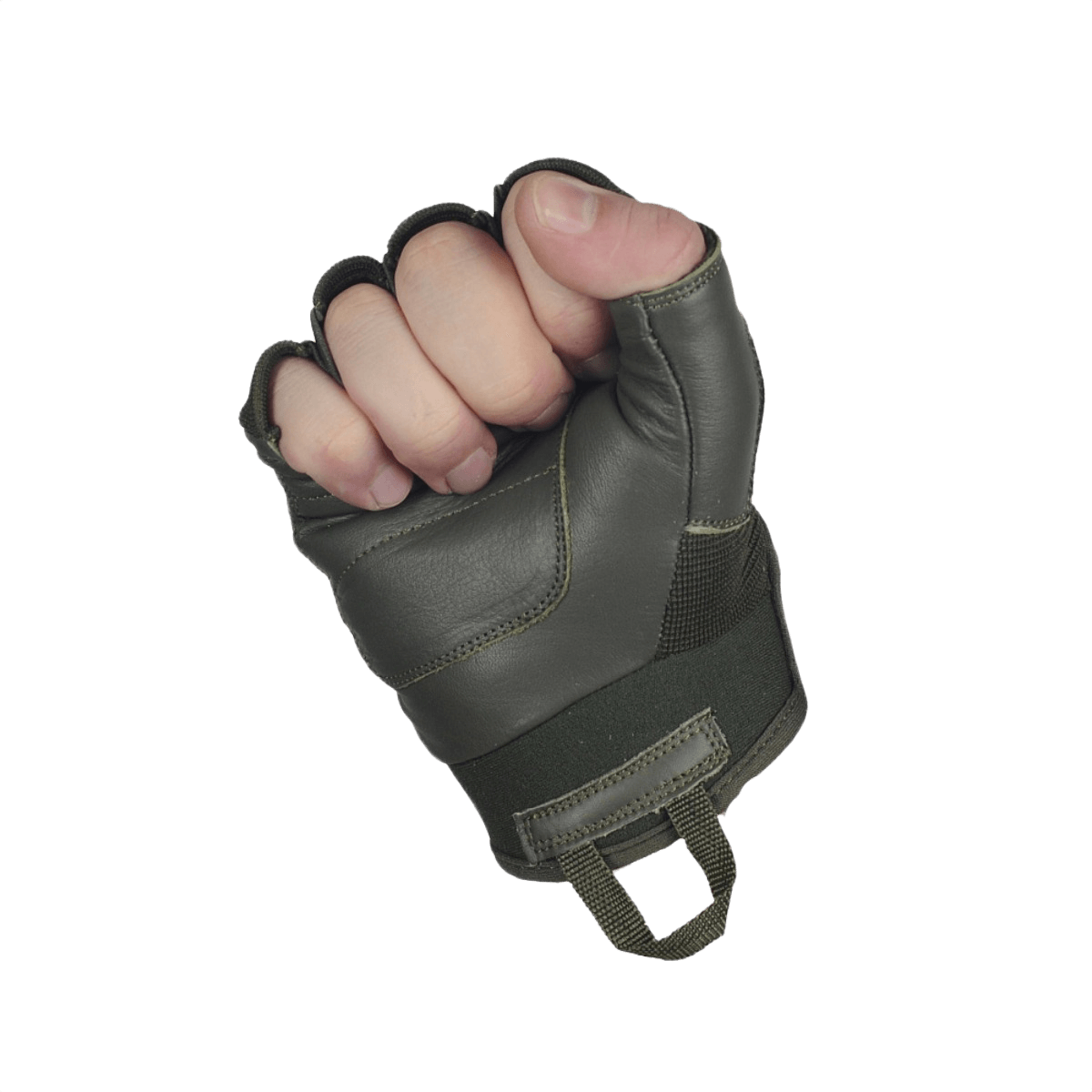 M-Tac Fingerløse Handsker Assault Tactical Mk.4 med forstærket læderhåndflade og dæmpende kno-pads, ideelle til taktisk brug.