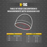 Størrelsestabel for M-Tac Fleece Watch Cap Light Polartec hue med hovedomkreds og hætte størrelse.