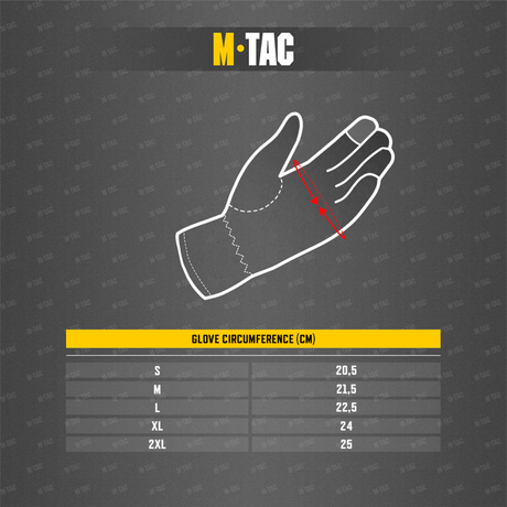 M-Tac Handsker Police Gen.2 størrelsesguide illustration med hånomkredsmål i cm, designet til en perfekt pasform for politifolk.