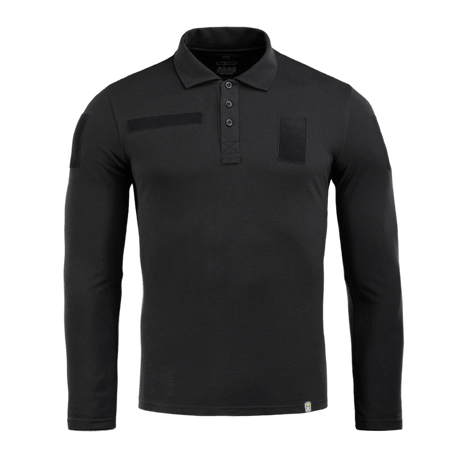 M-Tac Tactical Polo Shirt Langærmet 65/35 i sort, designet til politi- og sikkerhedsarbejde med velcro-paneler, langærmet for ekstra beskyttelse.