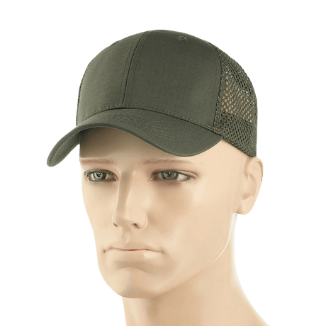 M-Tac Mesh Flex Ripstop Baseball Cap på mannequin, praktisk og holdbar med ripstop front og mesh for ventilation, justerbar Velcro-strop.
