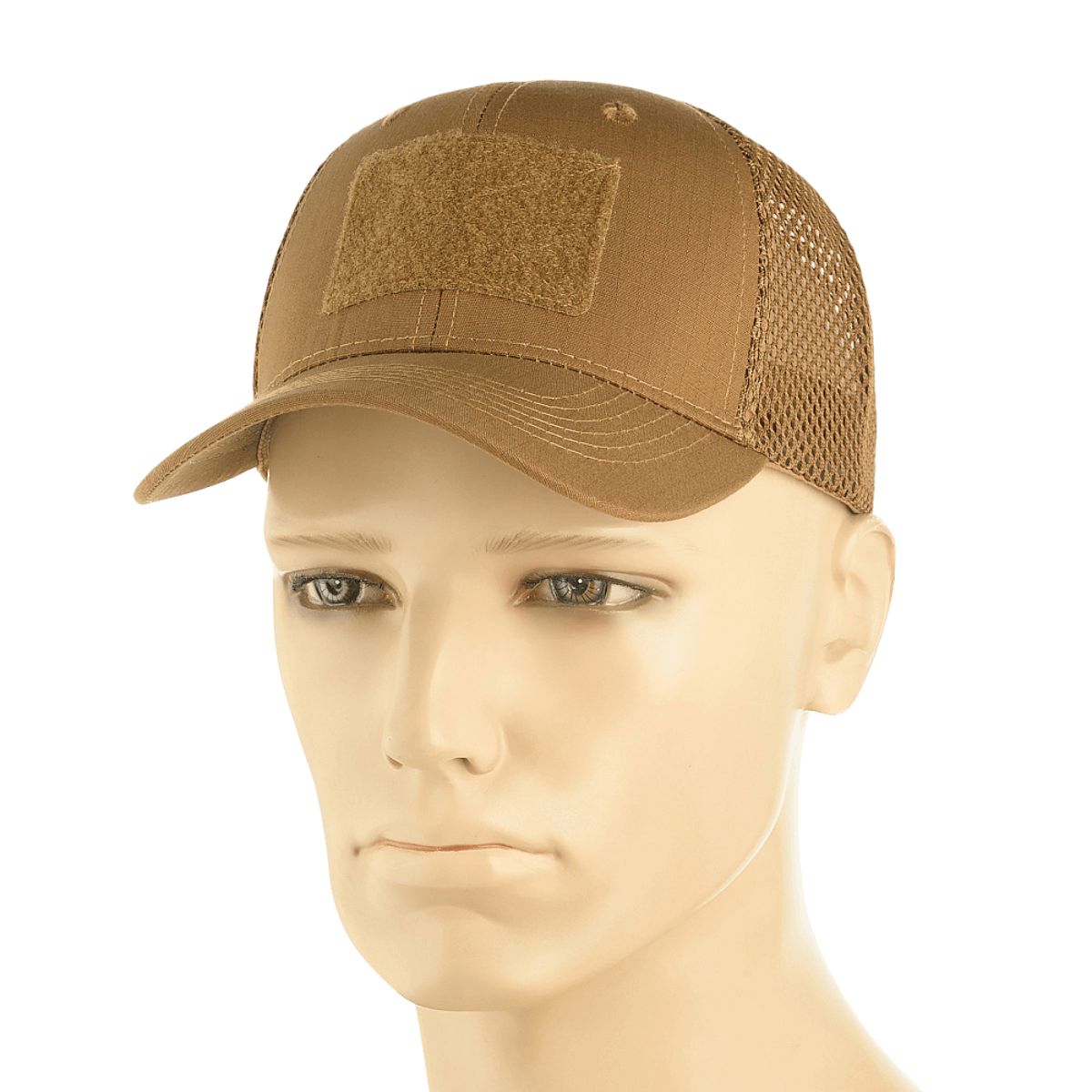 M-Tac Mesh Flex Ripstop Baseball Cap med Velcro på mannequin, ideel til ventilation og komfort i taktisk brug, set forfra.