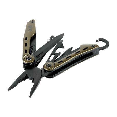 M-Tac Multiværktøj Type 5 i rustfrit stål med forskellige værktøjer til udendørs brug som fisketur eller picnic.