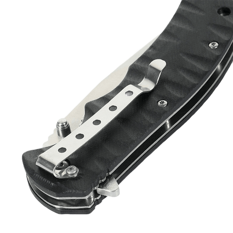 M-Tac Outdoor & Militær foldekniv - Type 4 med G10-håndtag og krom rustfrit stål klinge, set fra siden.