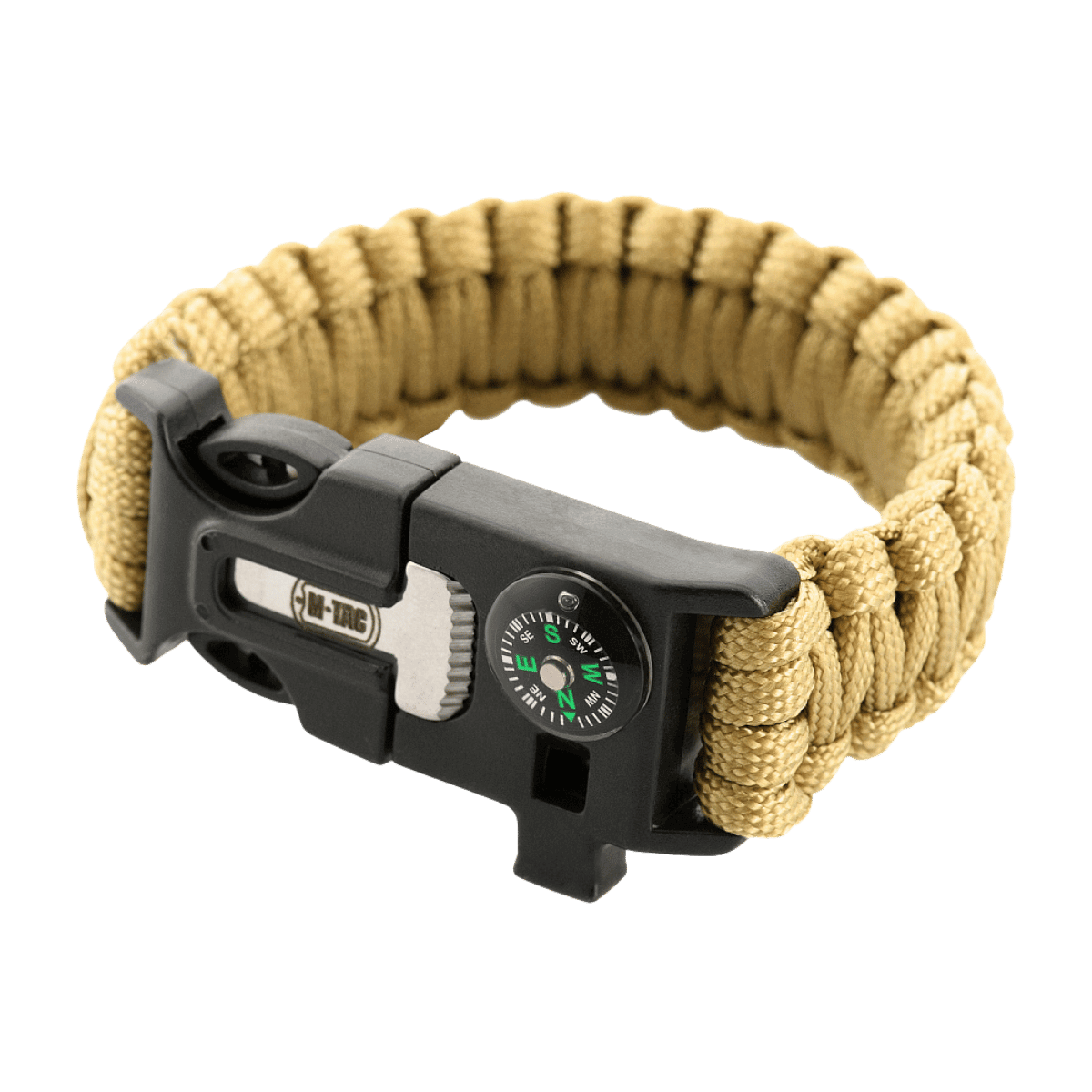 M-Tac Paracord Armbånd med Ildstarter, Kompas og Fløjte, perfekt til overlevelse og friluftsliv, stærkt og praktisk design.