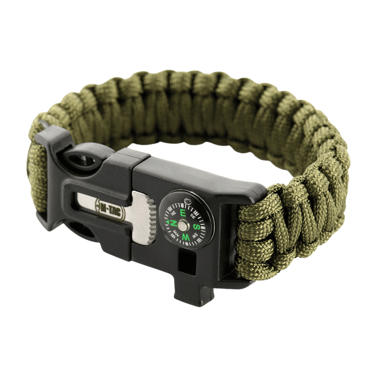 M-Tac Paracord Armbånd med Ildstarter, Kompas og Fløjte i olivengrøn, ideel til friluftsliv og overlevelse.