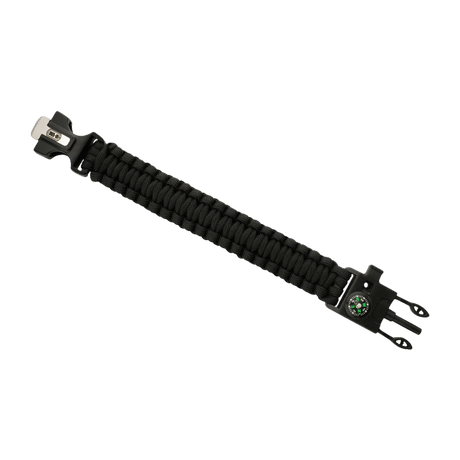M-Tac Paracord Armbånd med Ildstarter, Kompas og Fløjte til ekstrem friluftsliv, sort paracordarmbånd med ekstra funktioner.