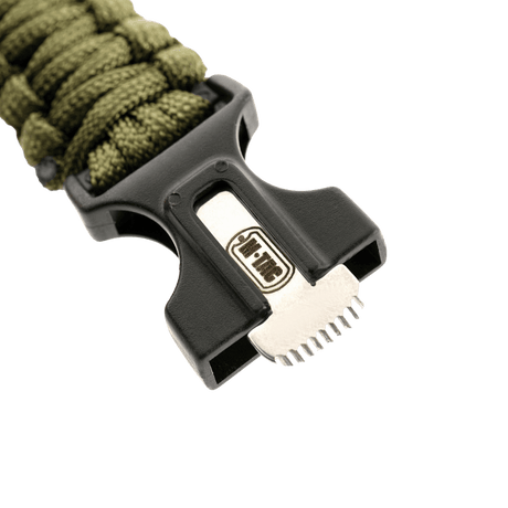 M-Tac Paracord Armbånd med Ildstarter, Kompas og Fløjte, stærk spænde, klar til friluftsliv og overlevelse.