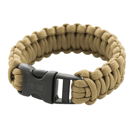 M-Tac Paracord Armbånd i beige med sort spænde, ideelt til friluftsliv og overlevelsesbrug, robust og stilfuldt design.
