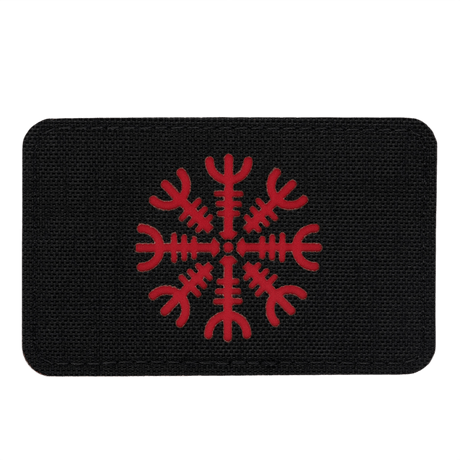 Alt Tag: M-Tac Patch Helm of Horror Vandret Laser Cut i Cordura 500D med ægishjálmur, sort med rød grafik, Velcro fastgørelse.