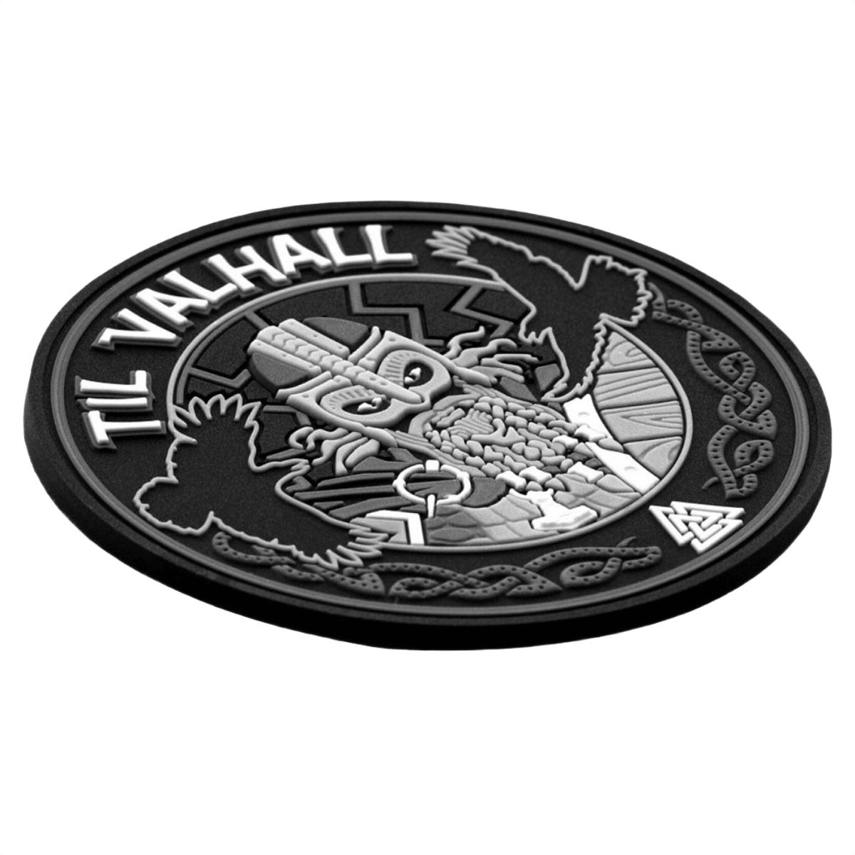 M-Tac Patch Til Valhall PVC, 3D-effekt, sort med detaljeret design, hylder norske soldater og TIL VALHALL-ritualet, let montering med velcro, 80 mm.