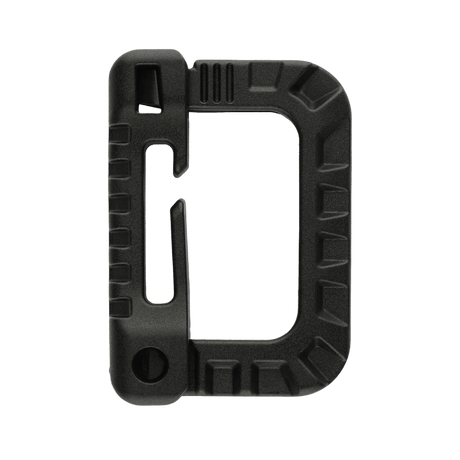 Sort M-Tac Plast Karabin i ABS-plast til fastgørelse af udstyr på vest, bælte eller taske, let og holdbar, ikke egnet til klatring.