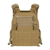 M-Tac Plate Carrier Cuirass FAST Elite Gen.II i tan farve, med slidstærkt Cordura 500D materiale og hurtiglåse, set forfra.