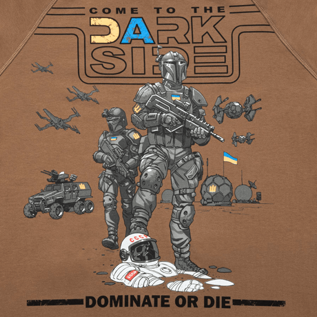 Illustration on M-Tac Raglan T-Shirt UA Side with soldiers, spacecraft, and the phrase 'Come to the Dark Side, Dominate or Die'.