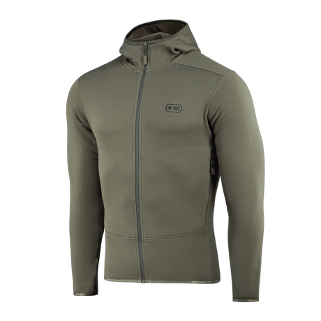 M-Tac Shadow Polartec Fleece Sweatshirt med hætte, slidstærkt Power Stretch Pro-fleece, olivengrøn farve, let og funktionel design.