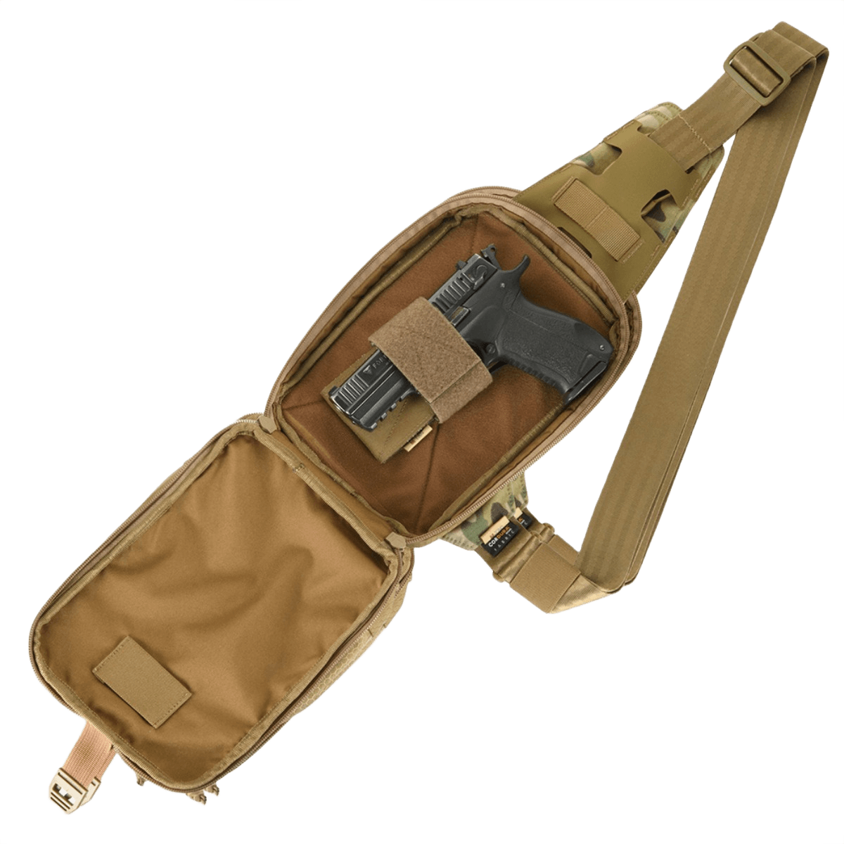 M-Tac Sling Pistol Taske Elite Hex med Velcro til skjult bæring af våben, lavet af slidstærkt Cordura, justerbar rem, fire rum og Velcro frontpanel.