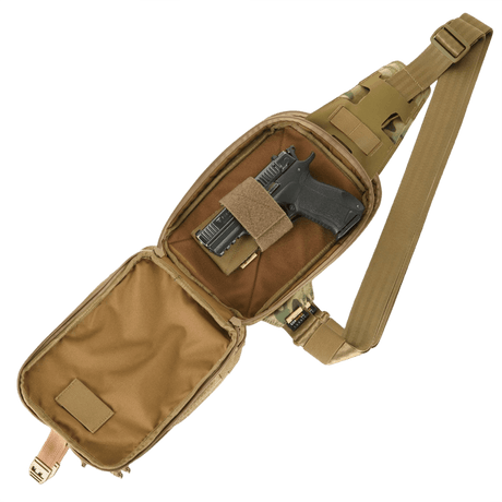 M-Tac Sling Pistol Taske Elite Hex med Velcro til skjult bæring af våben, lavet af slidstærkt Cordura, justerbar rem, fire rum og Velcro frontpanel.