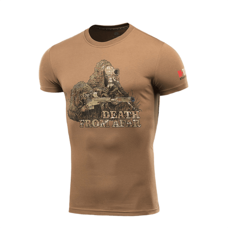 M-Tac Sniper T-shirt med print "Death From Afar", lavet af 93% bomuld og 7% elastan, ideel til snipers og hverdagsbrug.