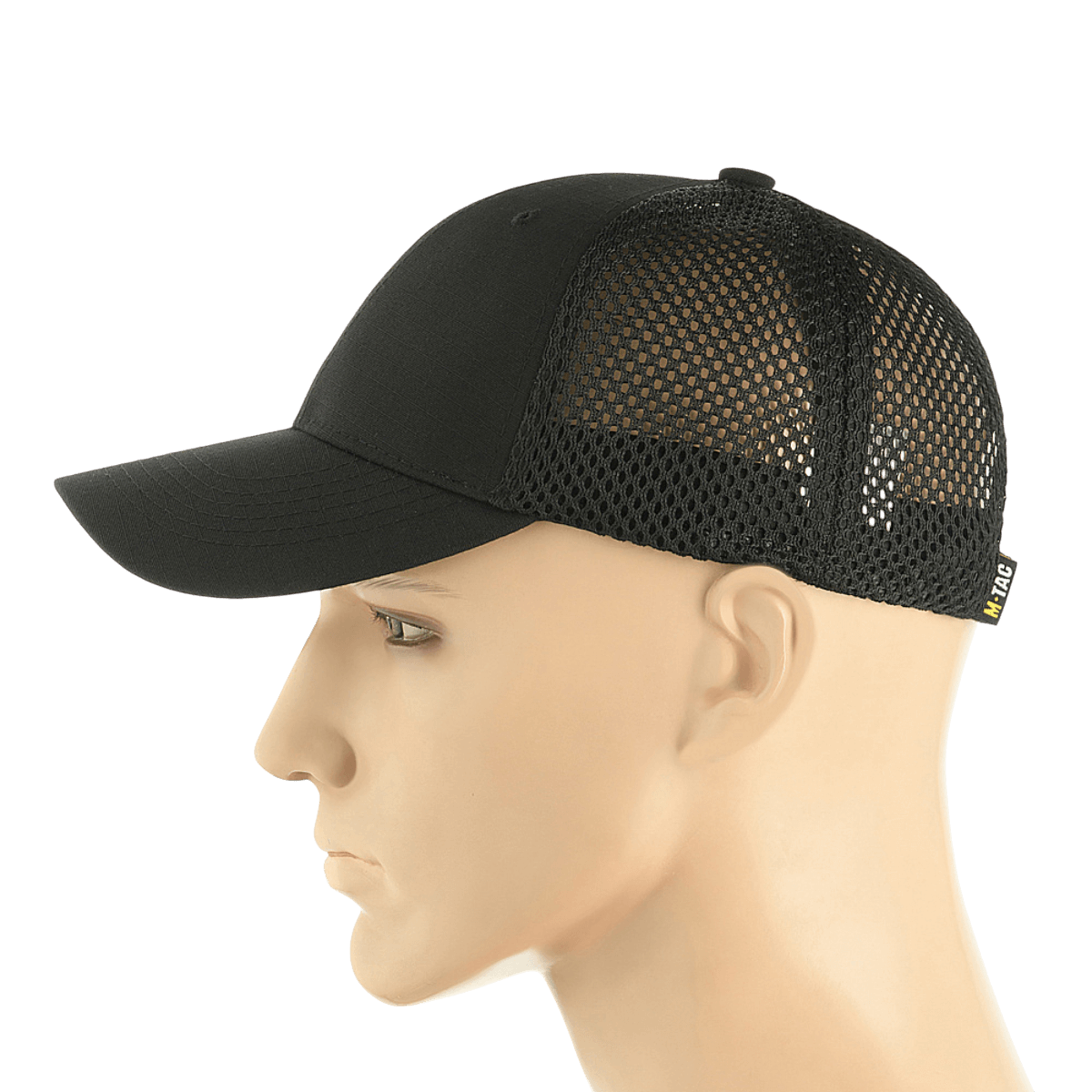 Sort M-Tac Mesh Flex Ripstop Baseball Cap med ripstop-front og mesh-paneler, justerbar Velcro-strop og fast skygge til udendørs brug.