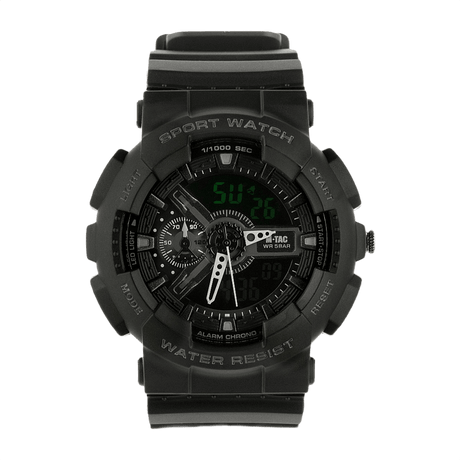 M-Tac Sport Ur med robust polycarbonat urkasse, sort silikonerem, stopur og LED-baggrundsbelysning. Perfekt til sportsentusiaster.