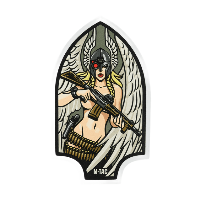 M-Tac Sticker Valkyrie med krigsgudinde iført normannisk hjelm og M4 gevær, formet som Arrowhead patch.