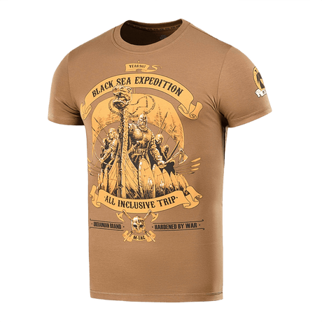 Tan M-Tac T-shirt Black Sea Expedition with graphic design, ideal for active lifestyles. Made from 93% cotton and 7% elastane for comfort.