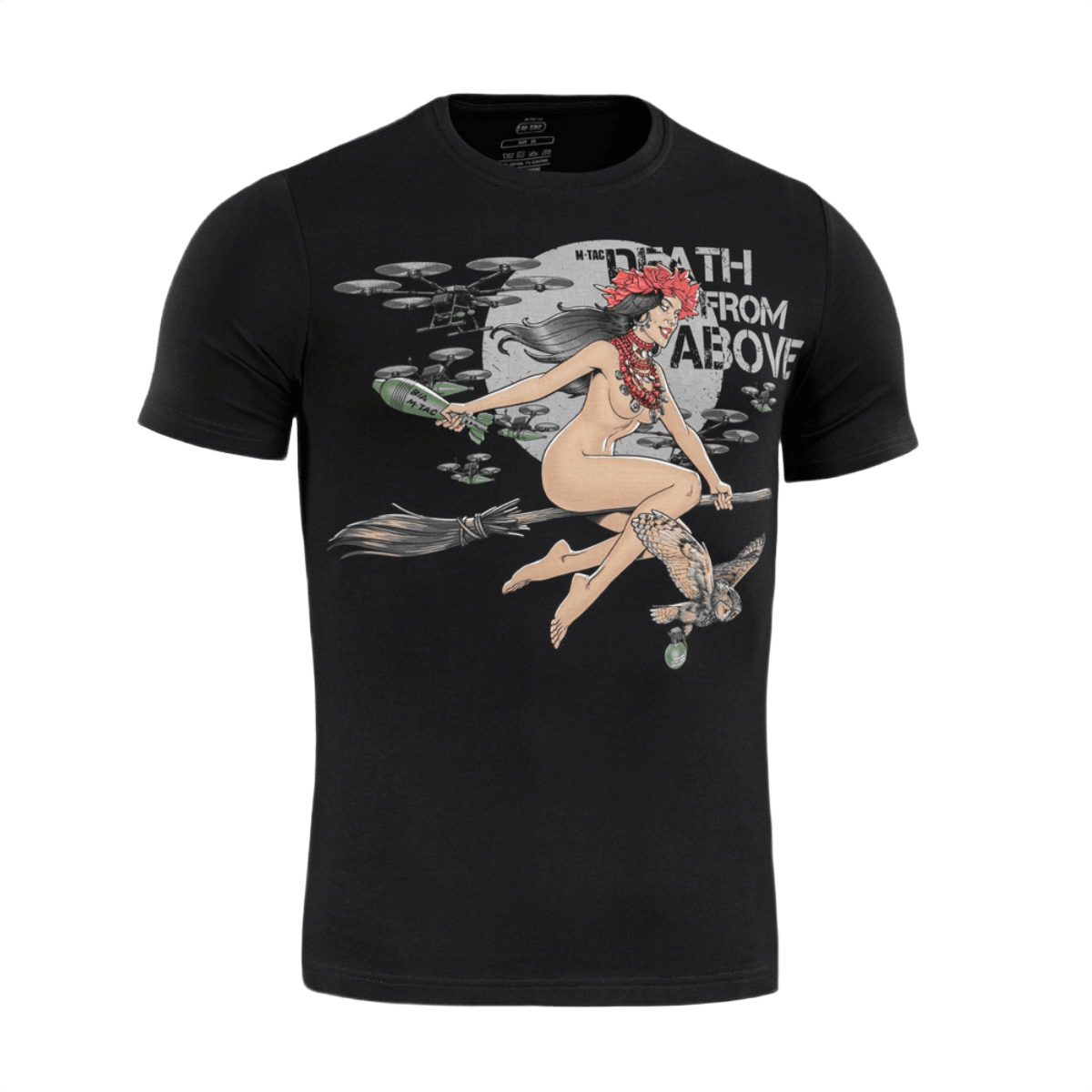 M-Tac T-Shirt Death From Above i sort med heksemotiv, droner og ugle, lavet af bomuld og elastan for komfort og stil.