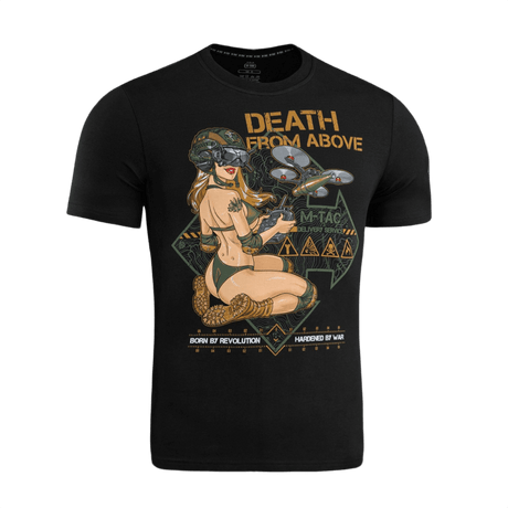 M-Tac T-Shirt Delivery Service med pin-up pige og drone-design, inspireret af amerikansk WWII-kultur, tekst 'Death from Above'.