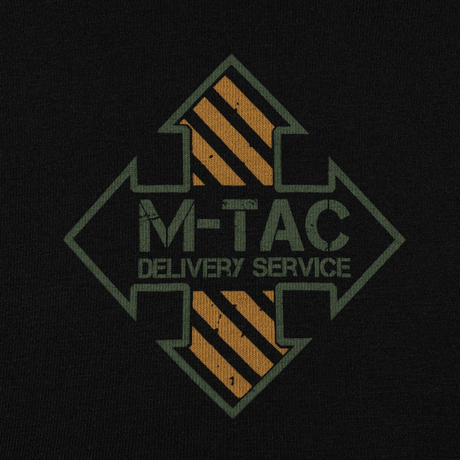 M-Tac T-Shirt Delivery Service logo med pilmotiv, trykt på sort baggrund.