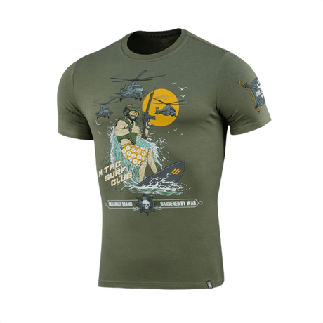 M-Tac T-Shirt Surf Club - grøn t-shirt med surfende soldat og helikoptere, inspireret af krigsfilm og specialoperationer, premium print