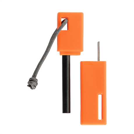M-Tac Tændstål i orange, essentielt til camping, lavet af magnesiumlegering med 8 mm stål-tænder, perfekt til udendørs brug.